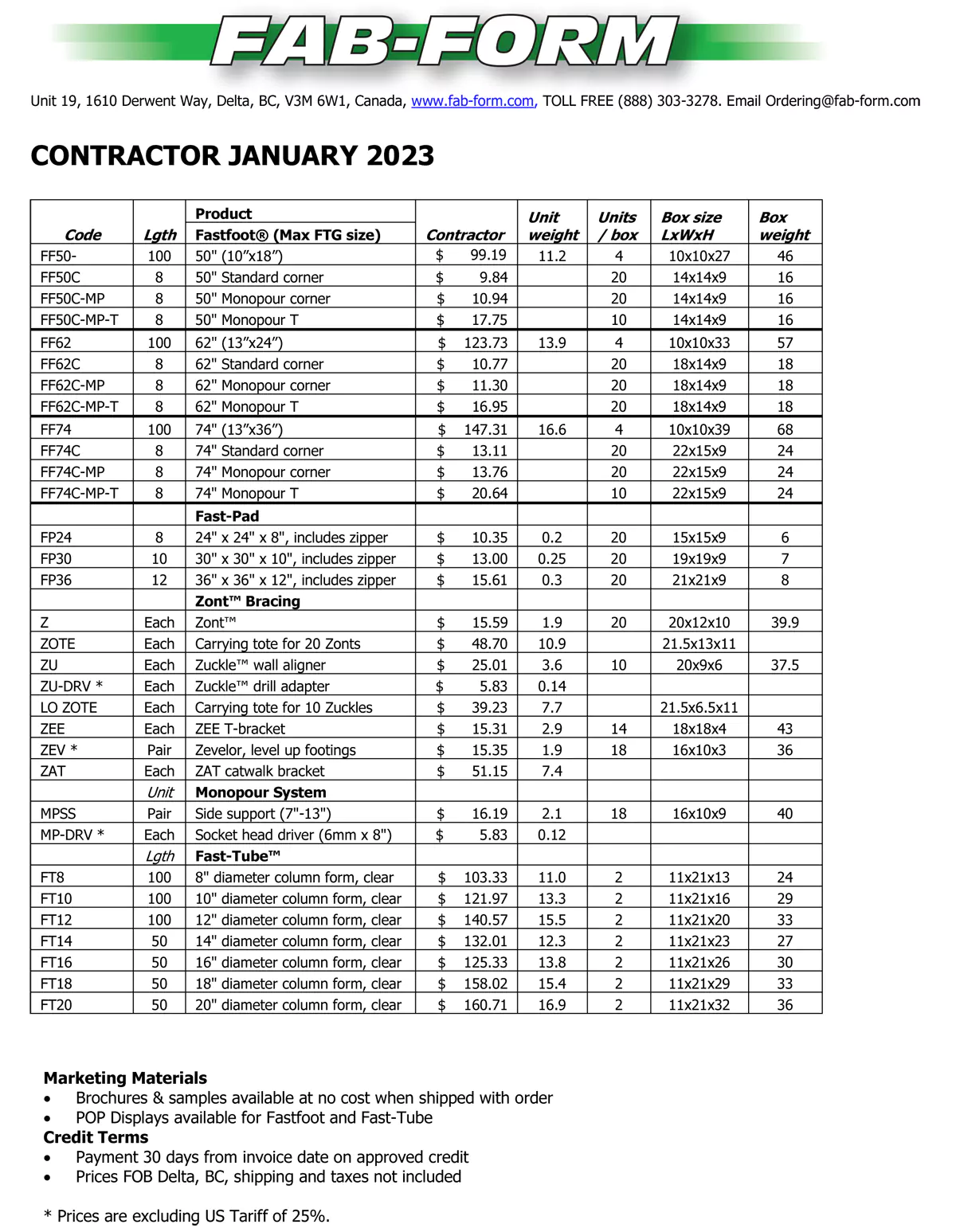 Contractor Pricing January 2023